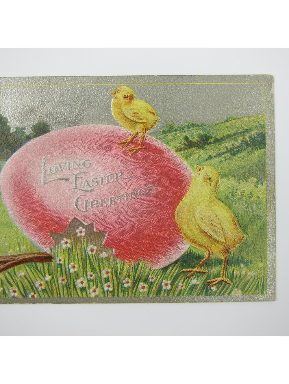 Easter Postcard Rabbits & Yellow Chicks Red Colored Egg Embossed Antique 1911 - Picture 10 of 14